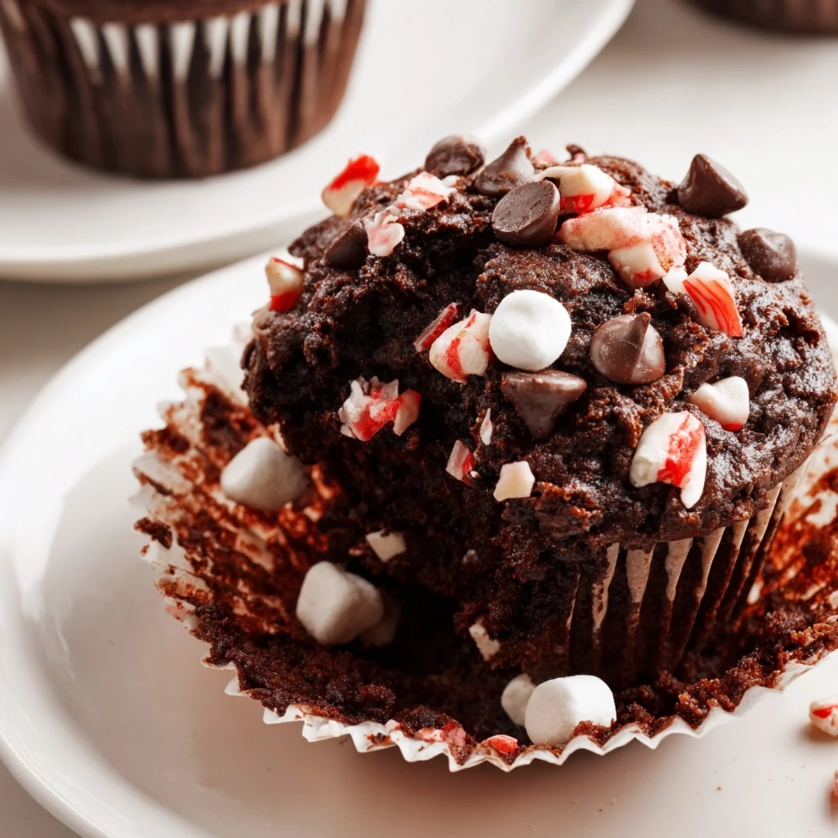 Fresh-baked Peppermint Hot Chocolate Muffins topped with mini marshmallows, minty aroma