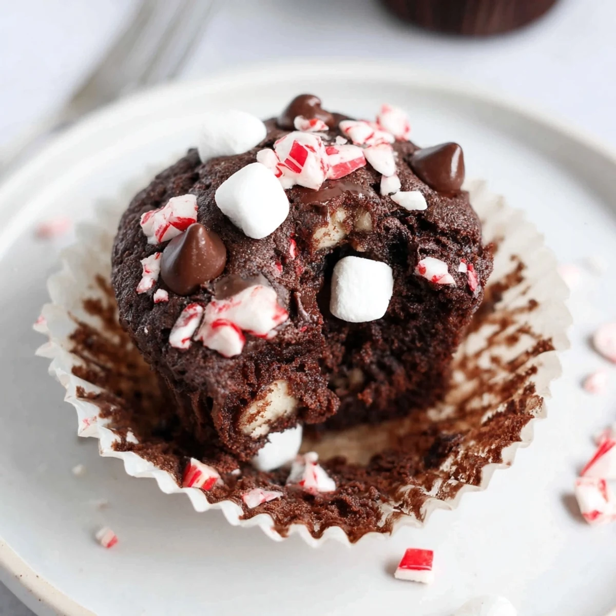 A plate of Peppermint Hot Chocolate Muffins, gooey centers and candy crunch
