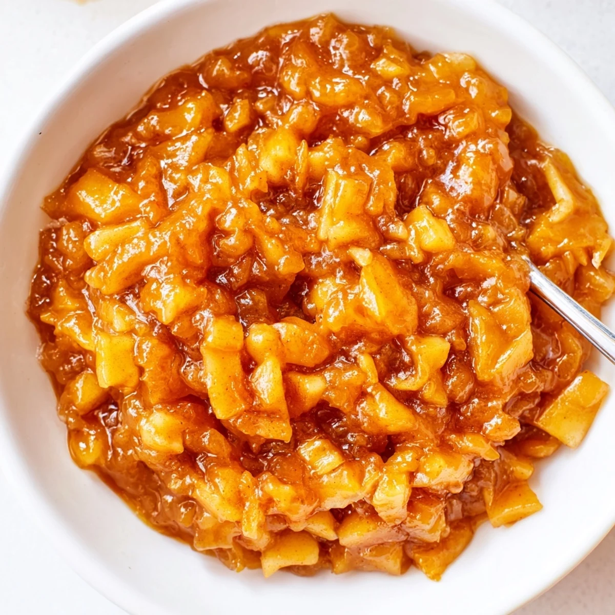 Jar of Fall Caramel Apple Jam glistening, chunky apples and warm spices