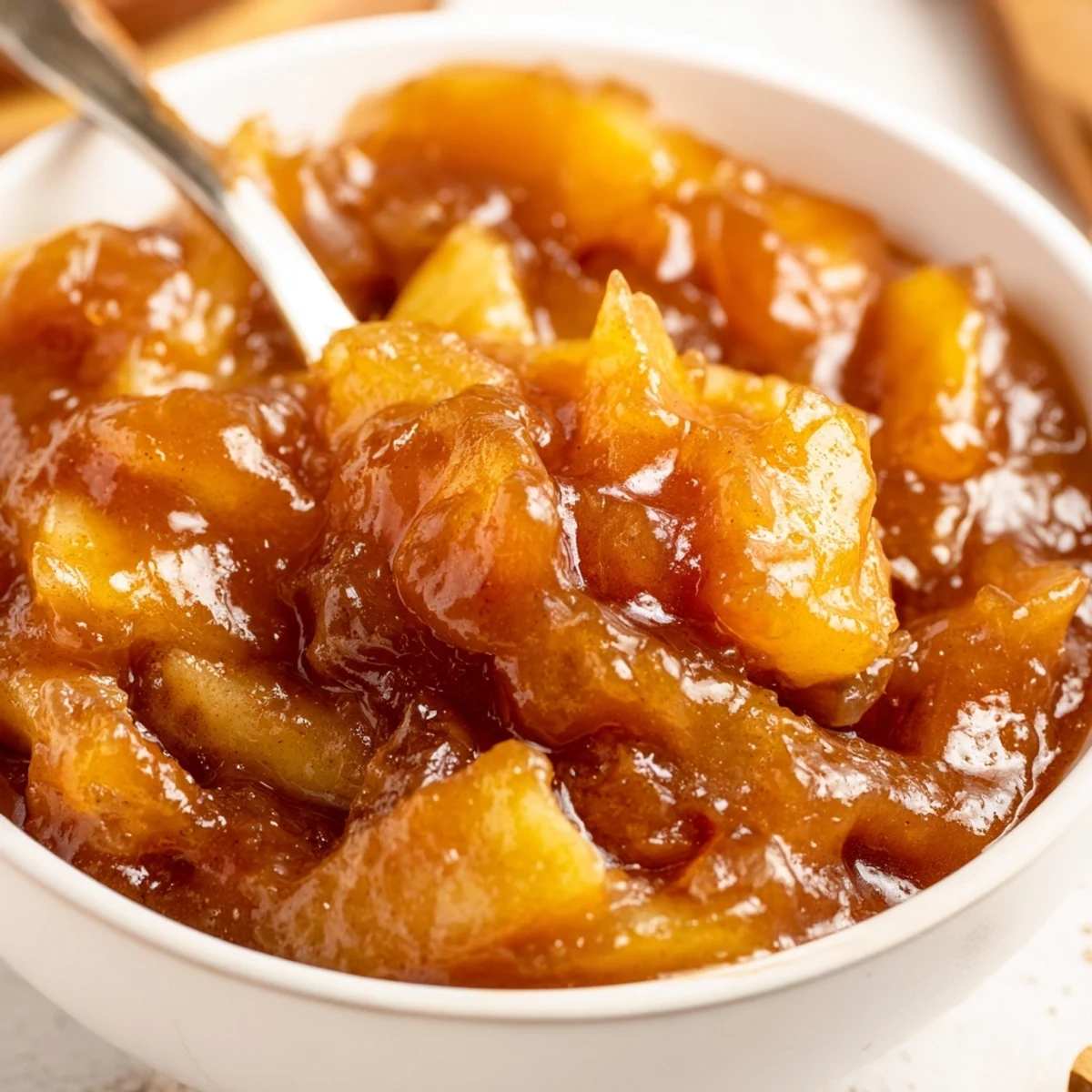 Sterilized jars of Fall Caramel Apple Jam cooling on wooden counter