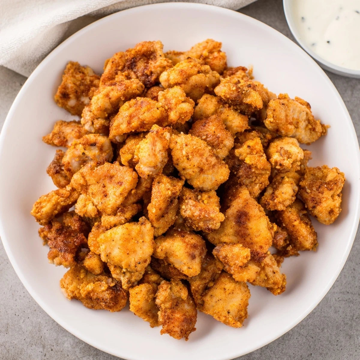 Crispy golden Chicken Bites piled on plate with ranch for dipping