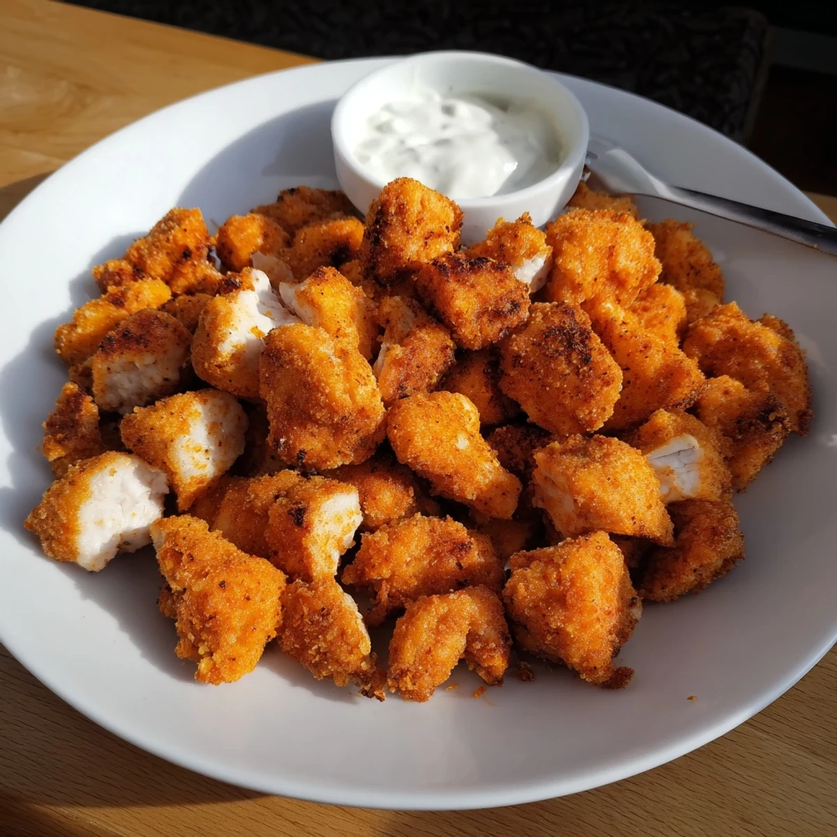 Party-ready Chicken Bites served hot with honey mustard and napkins