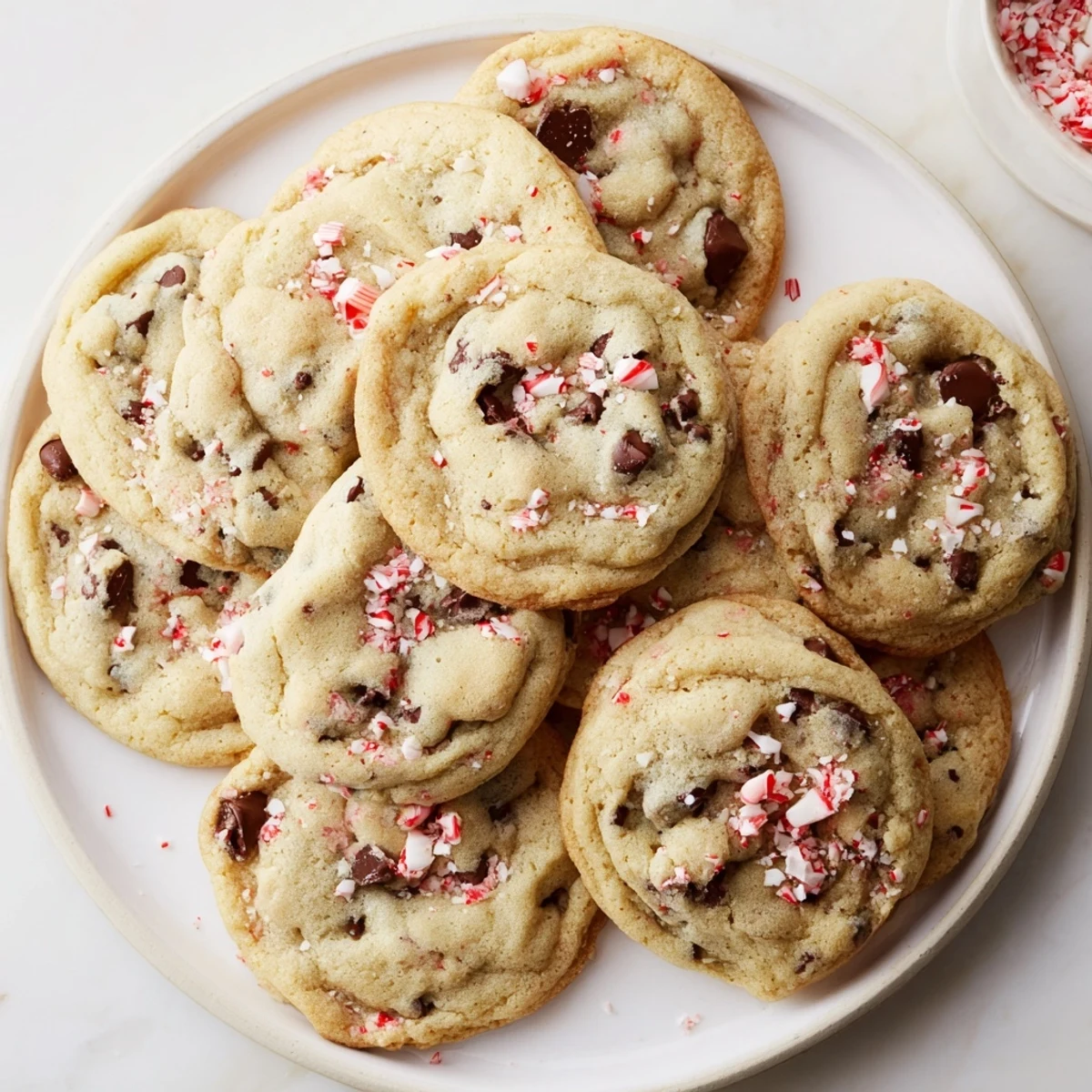 Warm Peppermint Chocolate Chip Cookies cooling on a rack, melty chocolate.