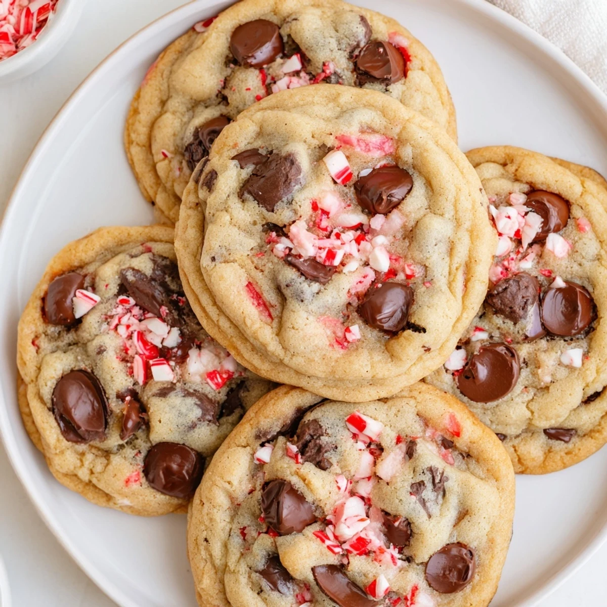 Close-up of Peppermint Chocolate Chip Cookies snow-dusted with crushed candy canes.