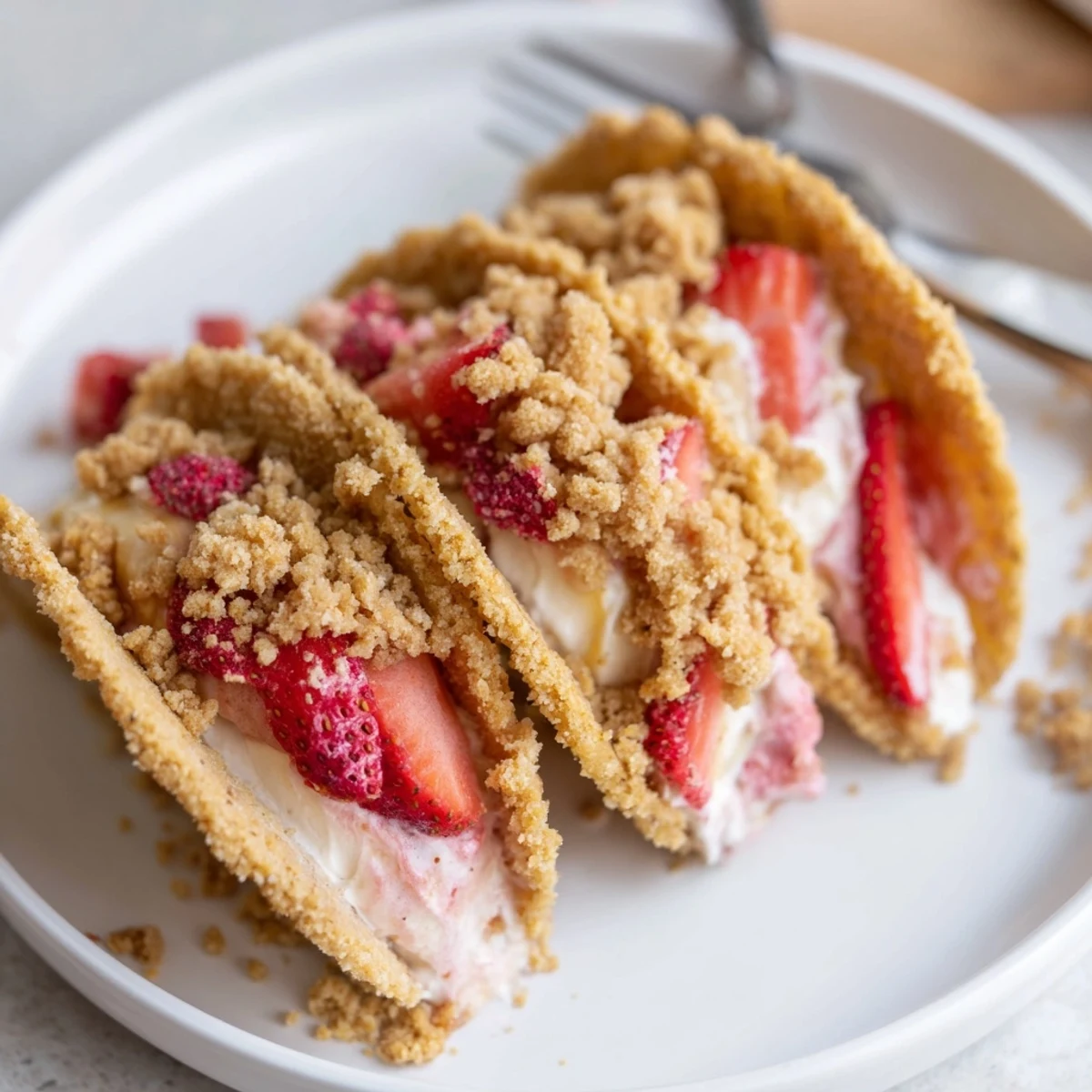 Strawberry Crunch Cheesecake Tacos with creamy filling and diced strawberries, perfect for parties