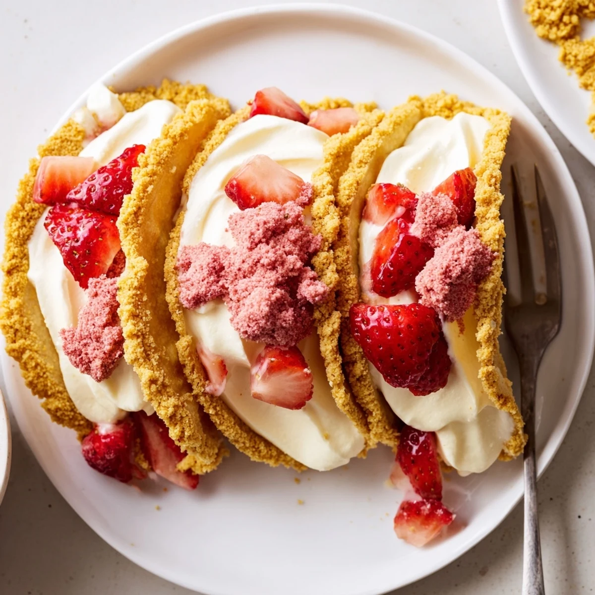 Golden shells of Strawberry Crunch Cheesecake Tacos coated in crunchy strawberry crumbs