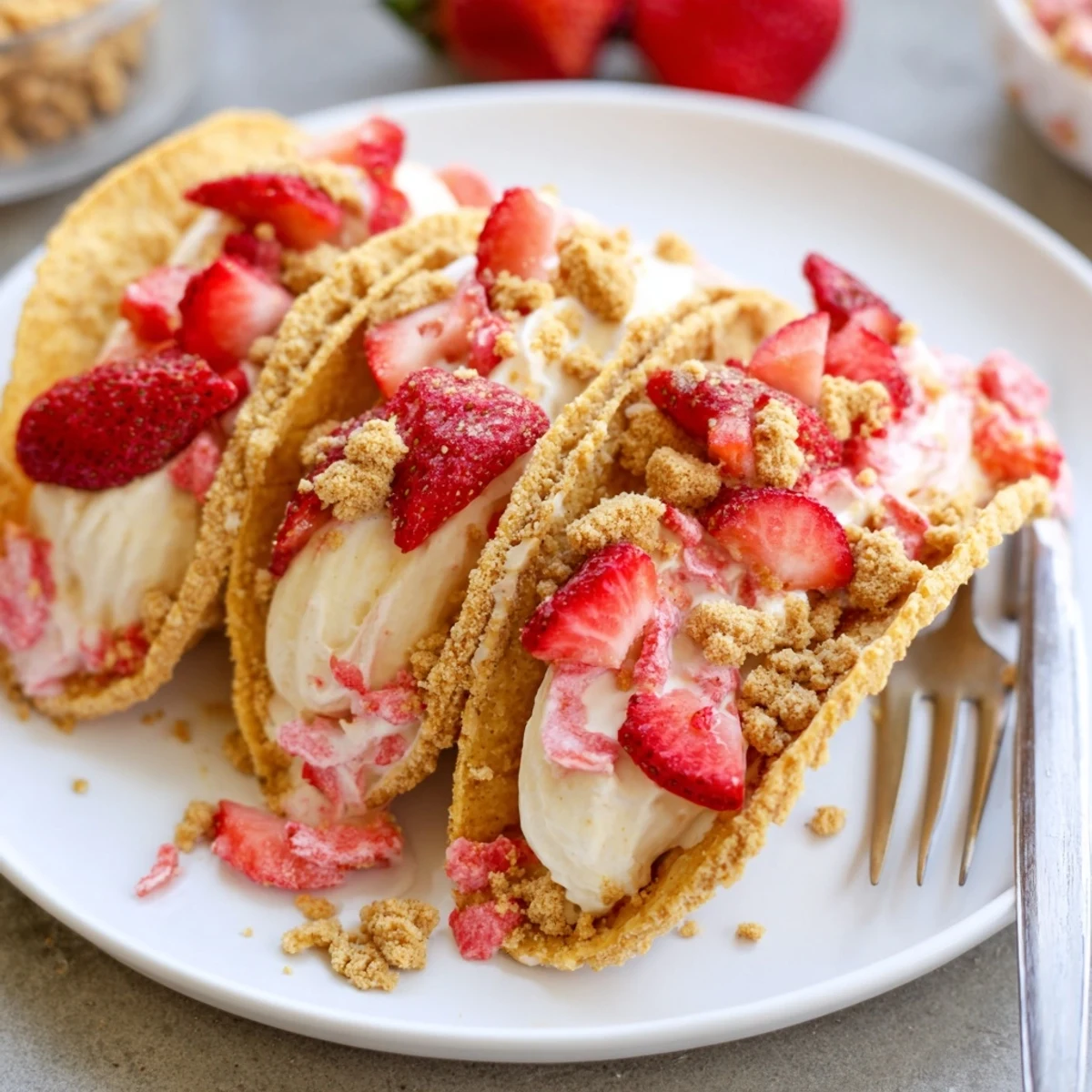 Chilled Strawberry Crunch Cheesecake Tacos piped with vanilla cream and fresh berries