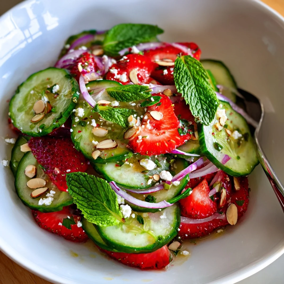 Cucumber Strawberry Salad Recipe with fresh mint, balsamic drizzle and crunchy almonds.