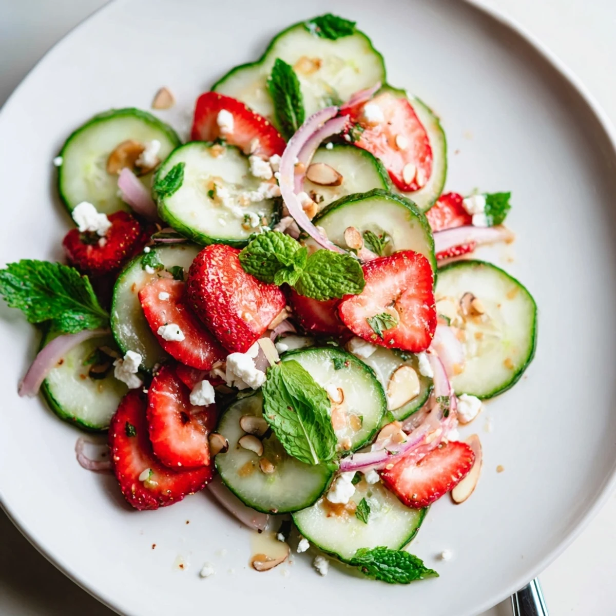 Sliced cucumbers and ruby strawberries highlight this Cucumber Strawberry Salad Recipe.