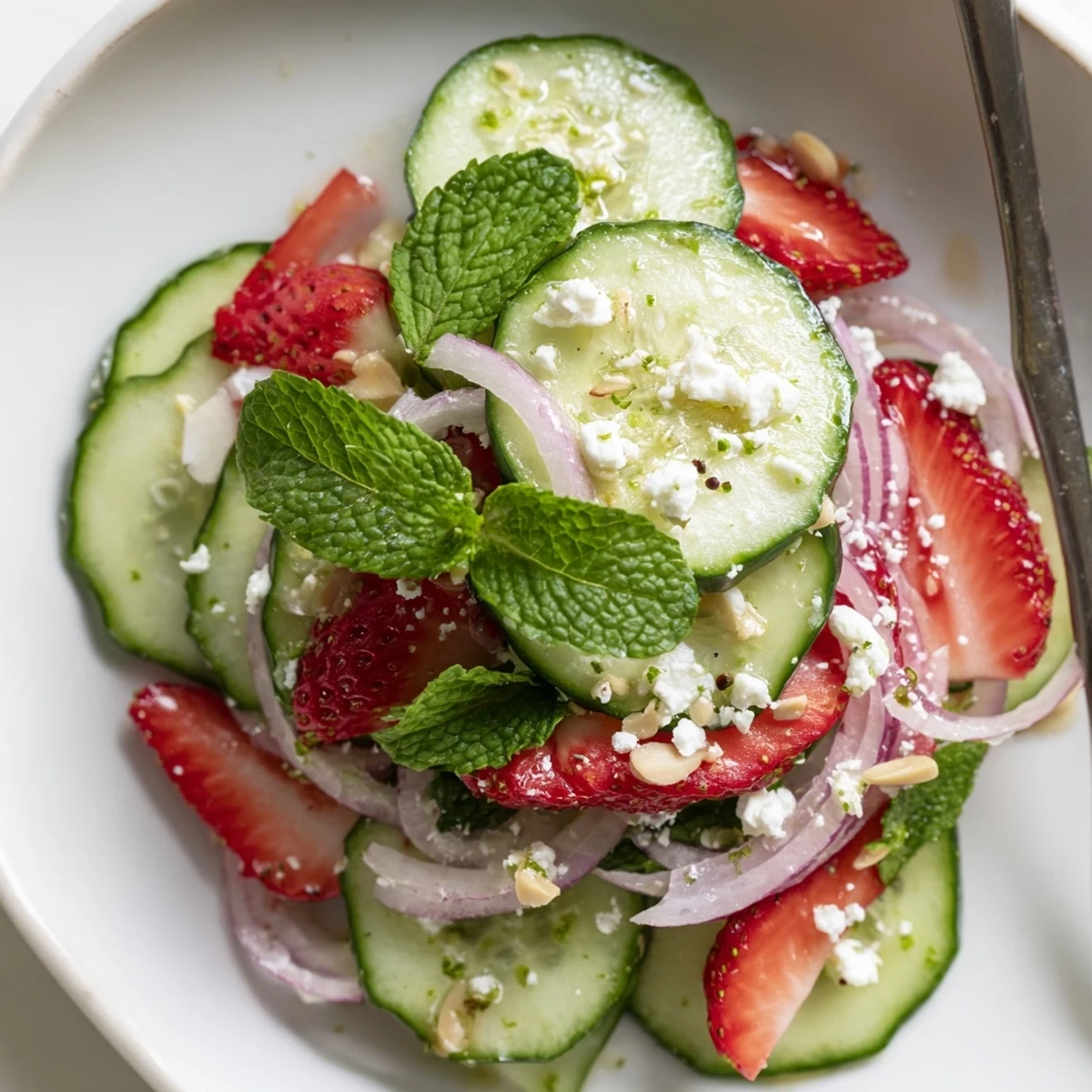 Bright Cucumber Strawberry Salad Recipe tossed in honey-balsamic dressing, served chilled.