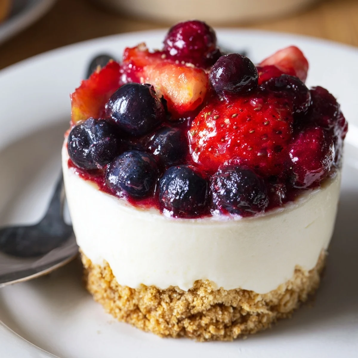 Berry No Bake Cheesecakes with glossy berry compote and crunchy graham base