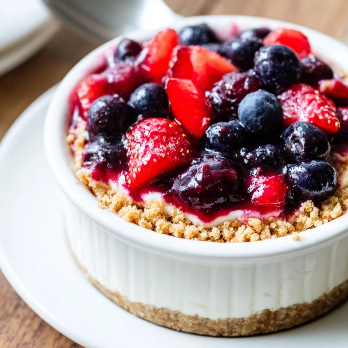 Chilled Berry No Bake Cheesecakes topped with juicy strawberries and zesty lemon