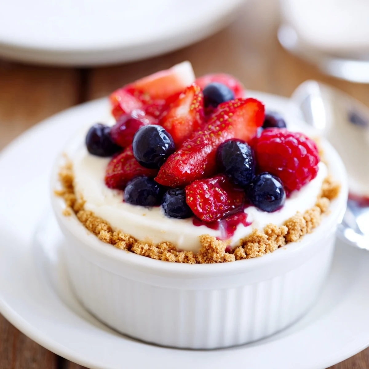 Individual Berry No Bake Cheesecakes in glasses, creamy filling, burst of berries