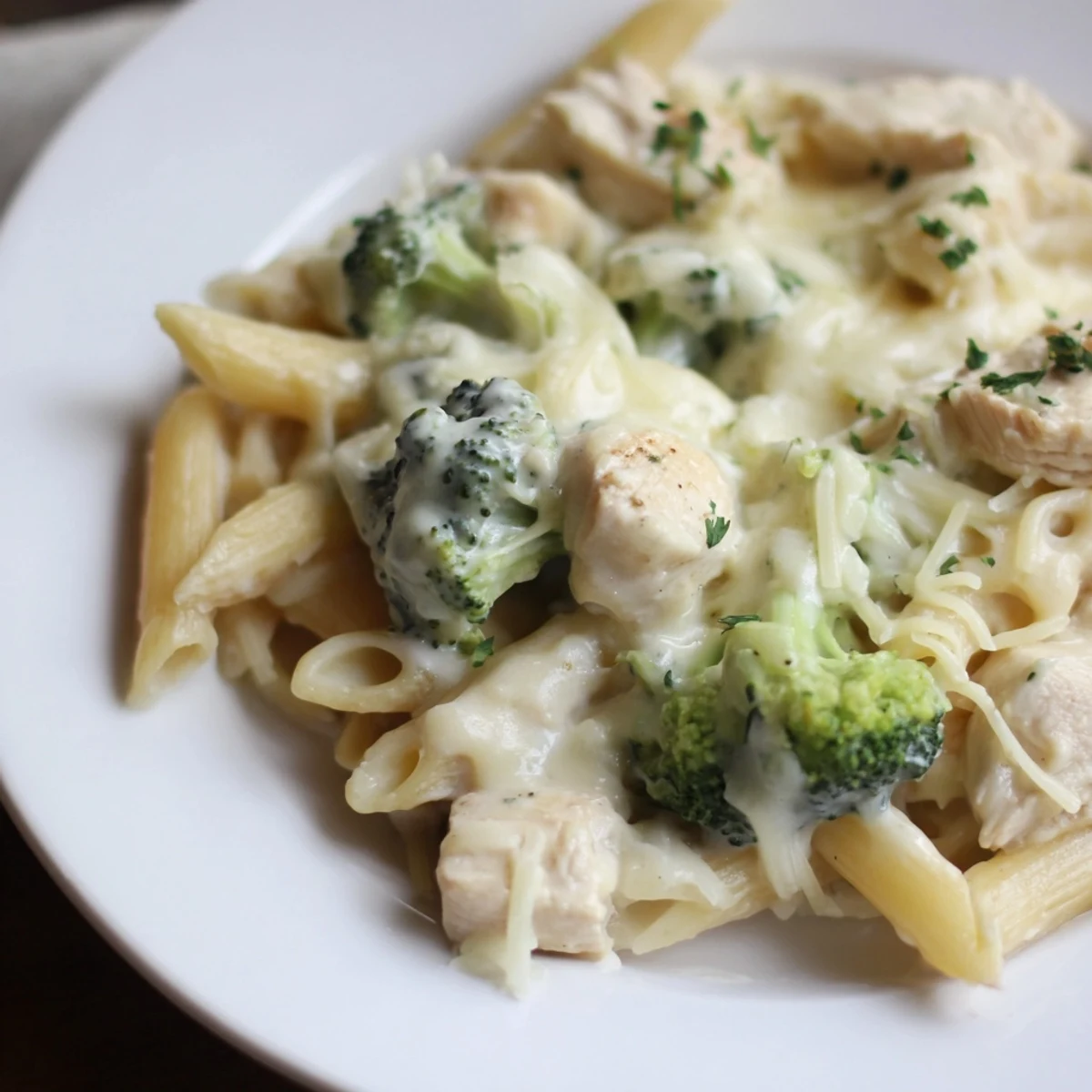 Cheesy Chicken Broccoli Alfredo Bake bubbling golden, shredded chicken and tender broccoli.