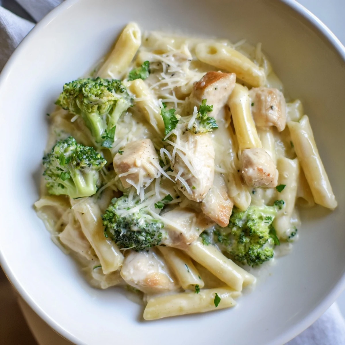 Family-style Chicken Broccoli Alfredo Bake served with garlic bread and parsley.