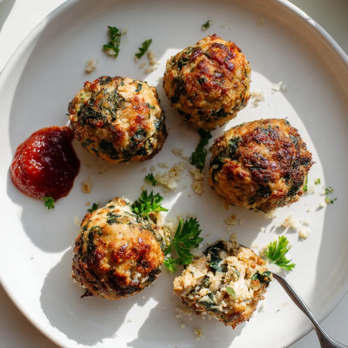 Low Carb Spinach Chicken Meatballs baking golden on parchment, fragrant garlic aroma
