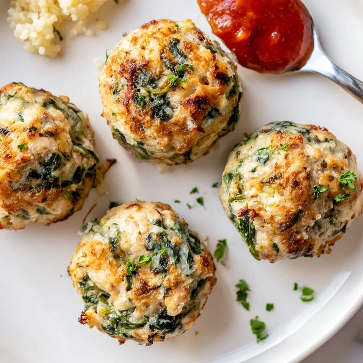 Plated Low Carb Spinach Chicken Meatballs atop cauliflower rice with bright herbs