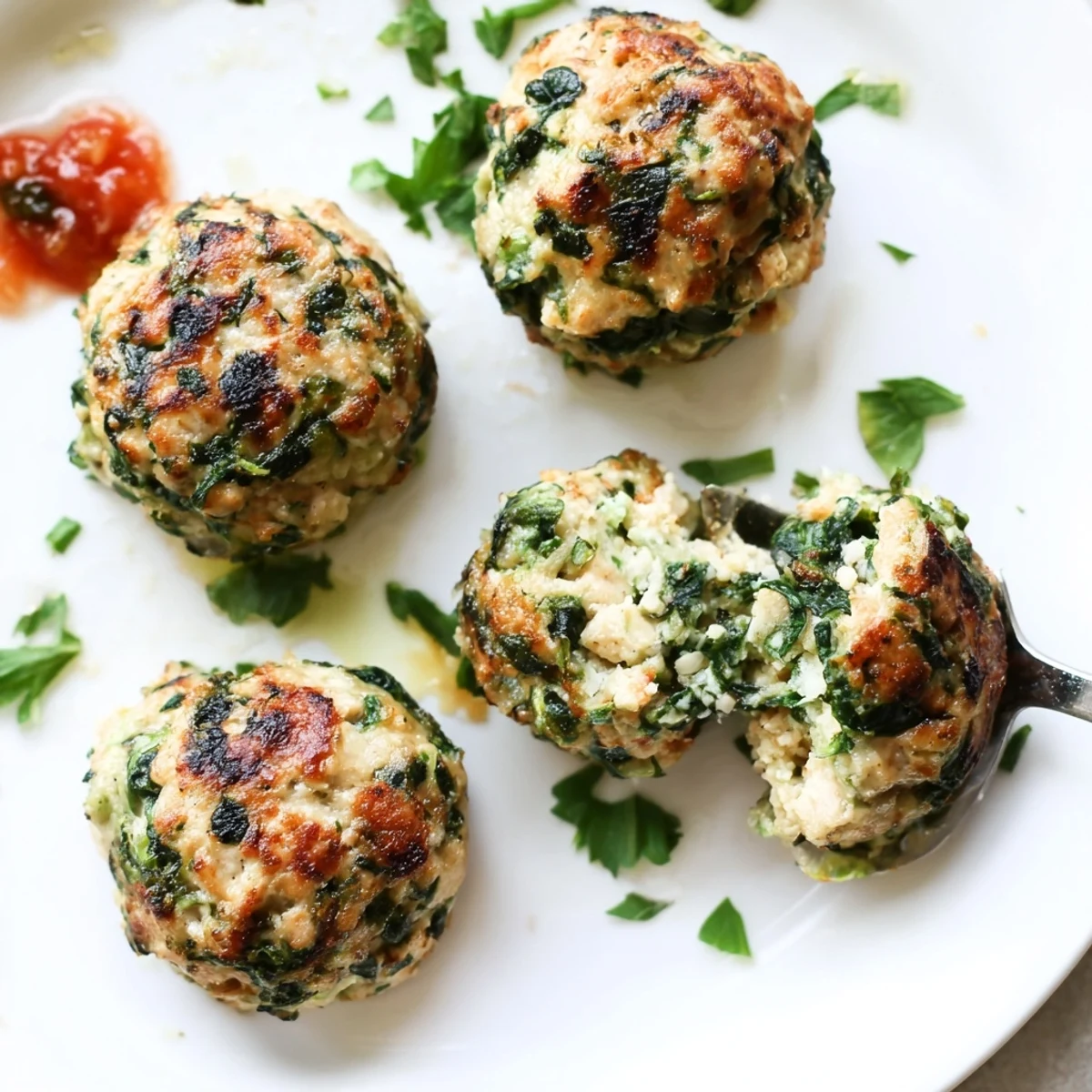 Freshly baked Low Carb Spinach Chicken Meatballs cooling on rack, speckled Parmesan