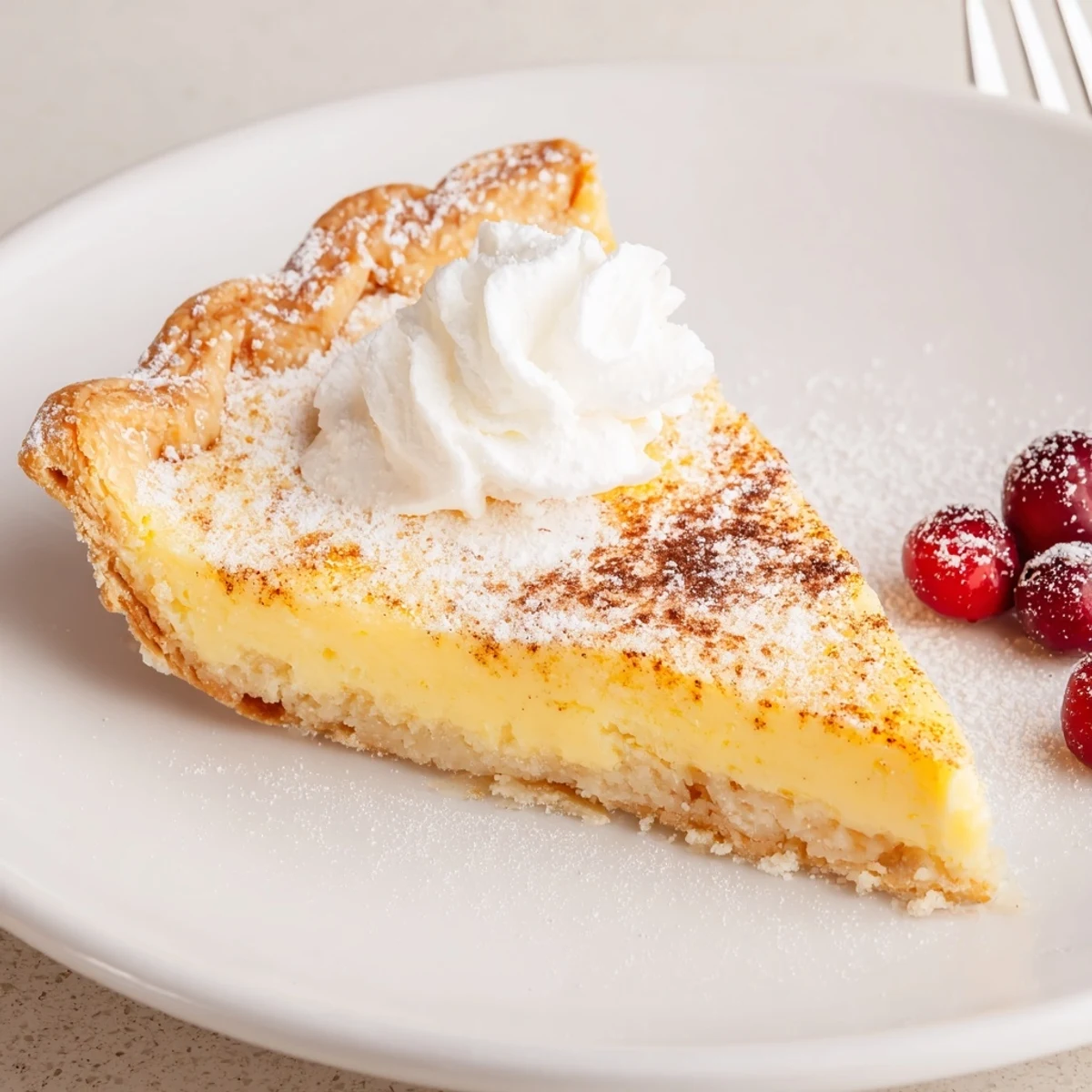 Slice of Christmas Eve Custard Pie With Cinnamon Vanilla garnished with sugared cranberries