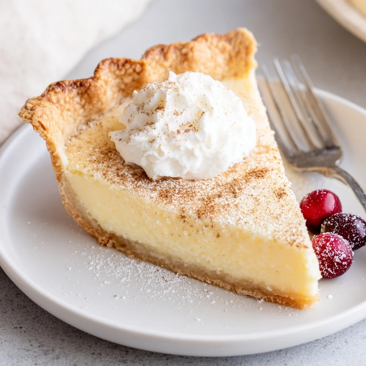 Whole Christmas Eve Custard Pie With Cinnamon Vanilla cooling on wire rack, creamy