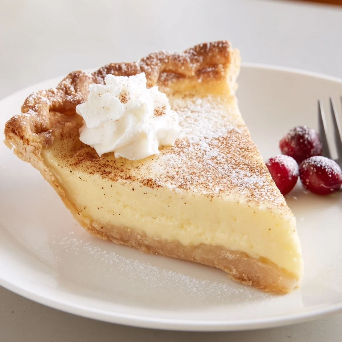 Sliced Christmas Eve Custard Pie With Cinnamon Vanilla steaming, fragrant cinnamon holiday dessert