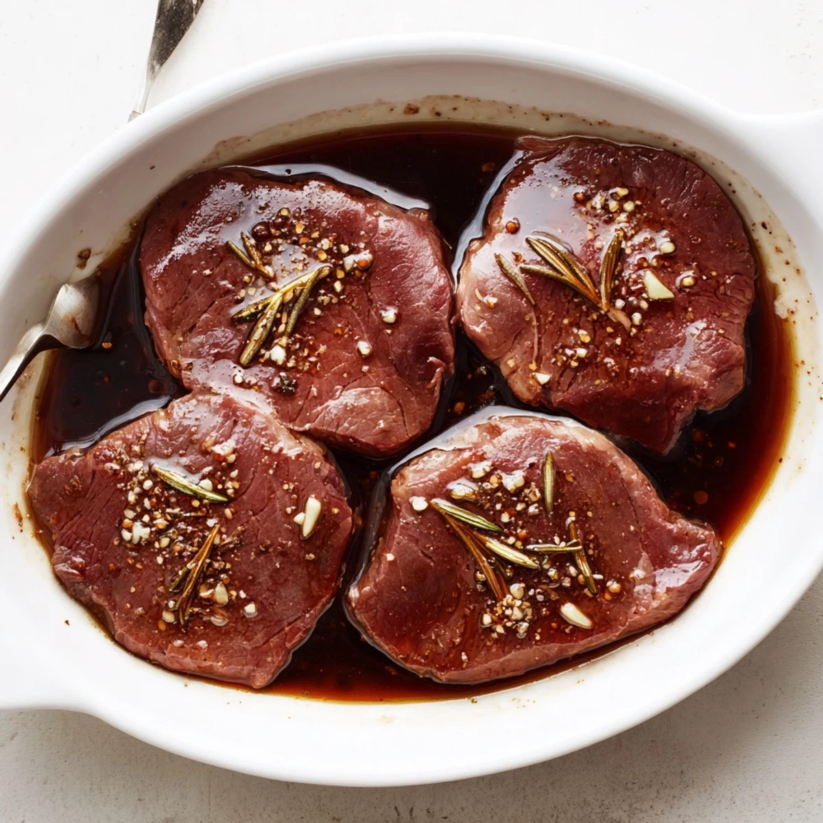 Steak Marinade glistening on raw ribeye, garlicky aroma, ready for grilling
