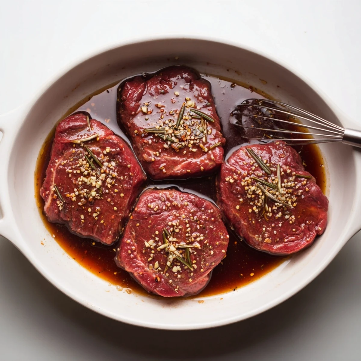 Bowl of Steak Marinade with herbs and lemon, ideal for pan-searing
