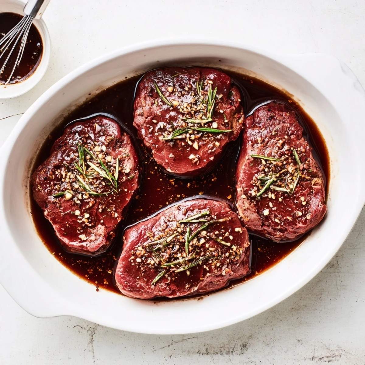 Marinated steaks bathed in Steak Marinade, glossy brown glaze, served with grill marks