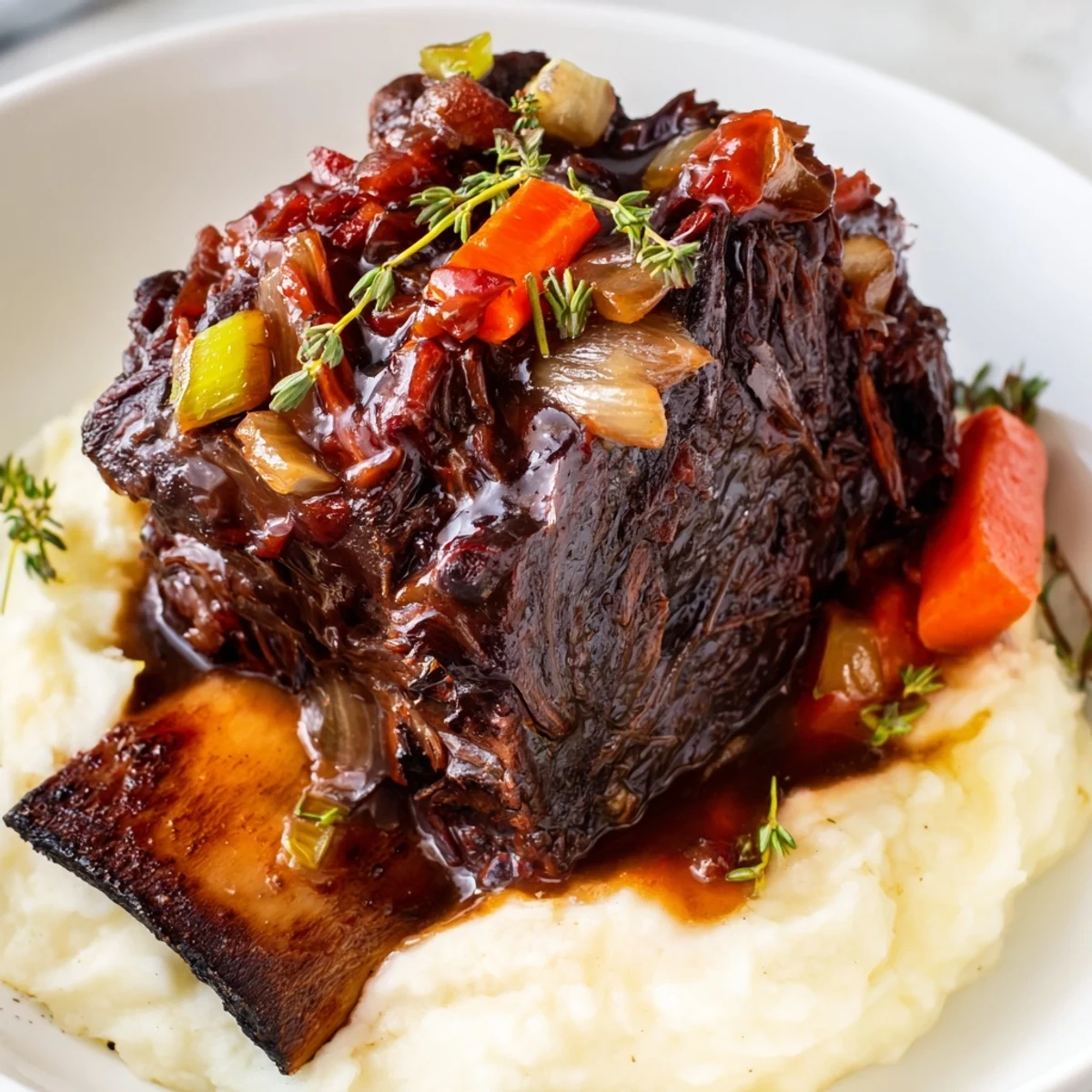 Slow Cooker Beef Short Ribs falling off the bone, aromatic herbs and carrots