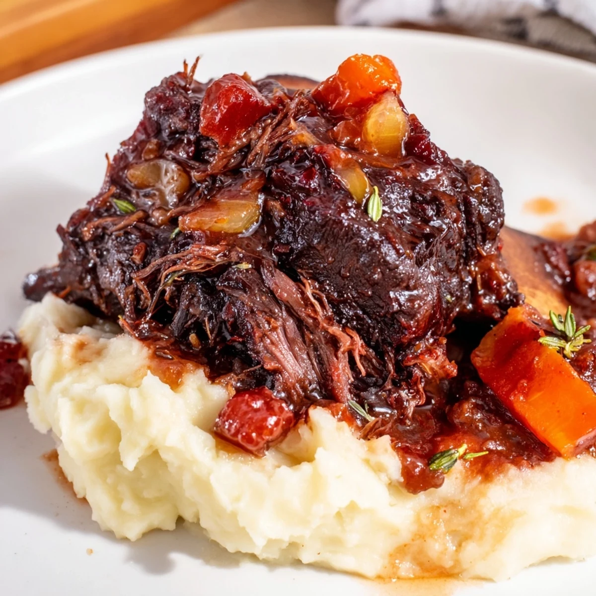 Slow Cooker Beef Short Ribs braised in red wine, silky gravy spooned over polenta