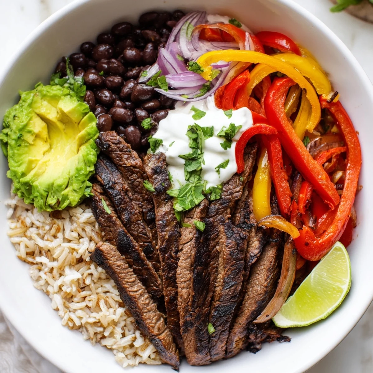 Grilled steak, black beans, sauteed peppers assemble into Steak Fajita Power Bowls.