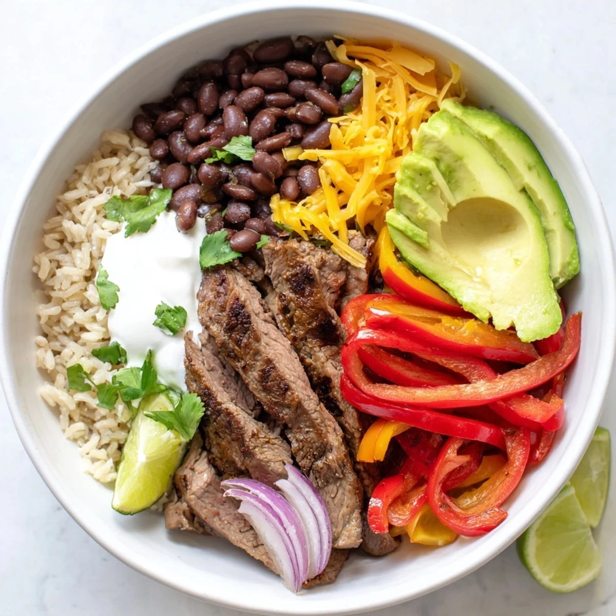 Layered over brown rice, Steak Fajita Power Bowls feature creamy avocado slices.