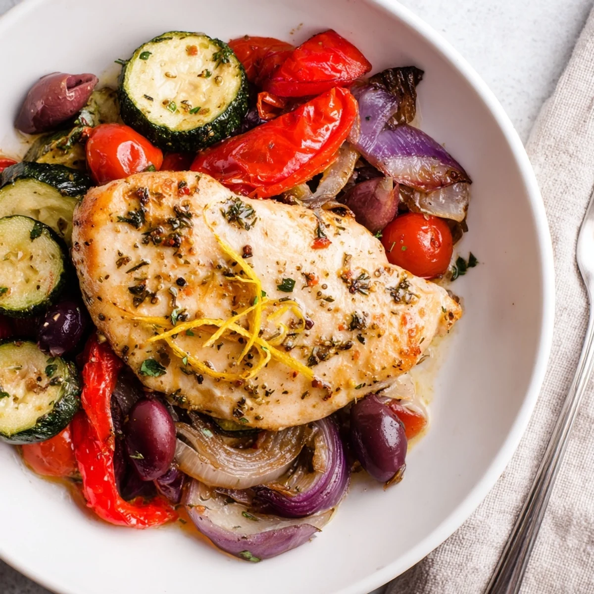 Sheet Pan Mediterranean Chicken Zucchini browned, roasted vegetables, lemony juices spooned over