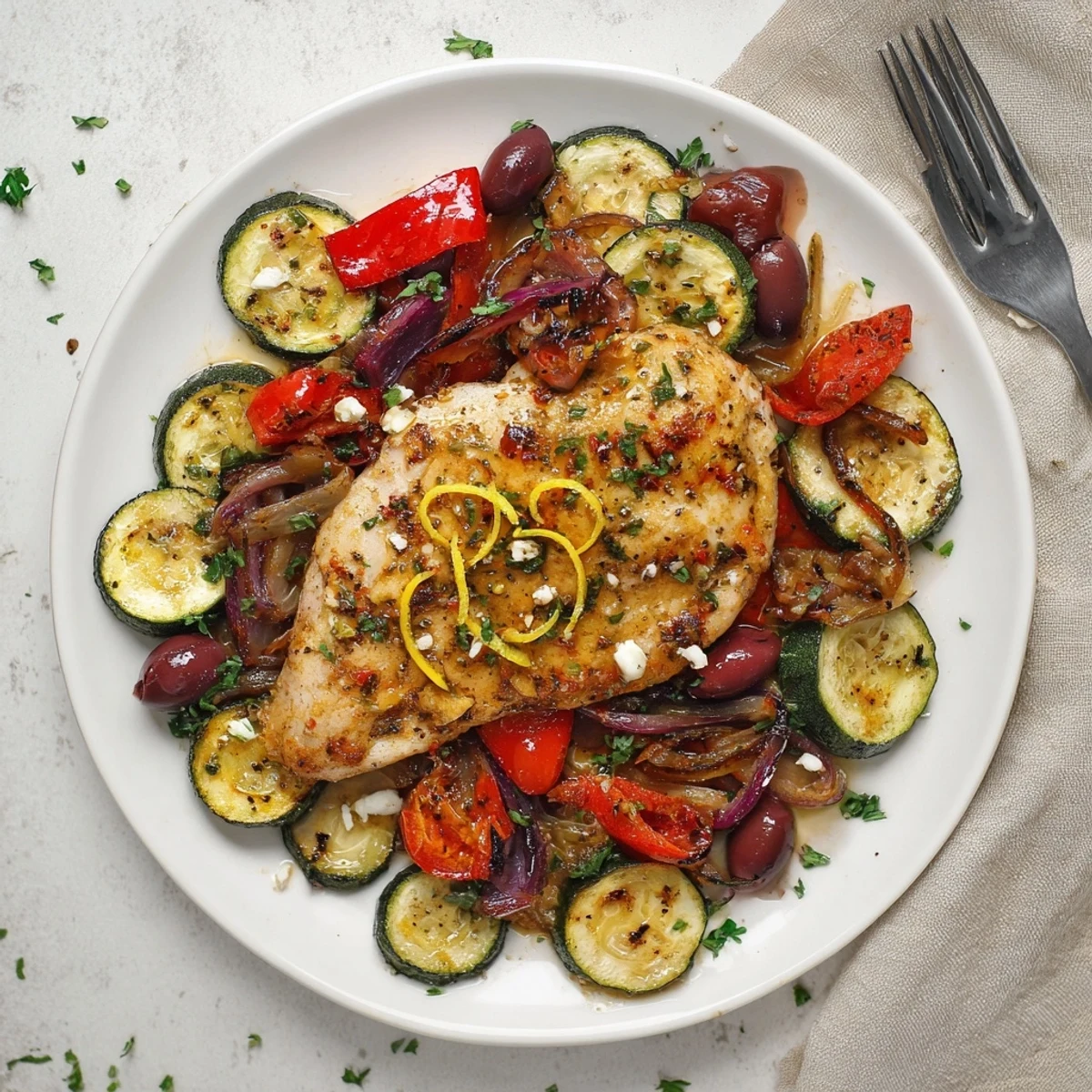 For a quick dinner, try Sheet Pan Mediterranean Chicken Zucchini sizzling with caramelized peppers