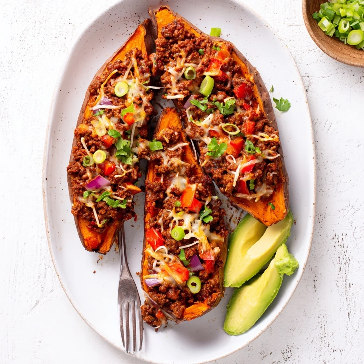 Roasted sweet potato halves stuffed with spicy hot honey ground beef and fresh toppings