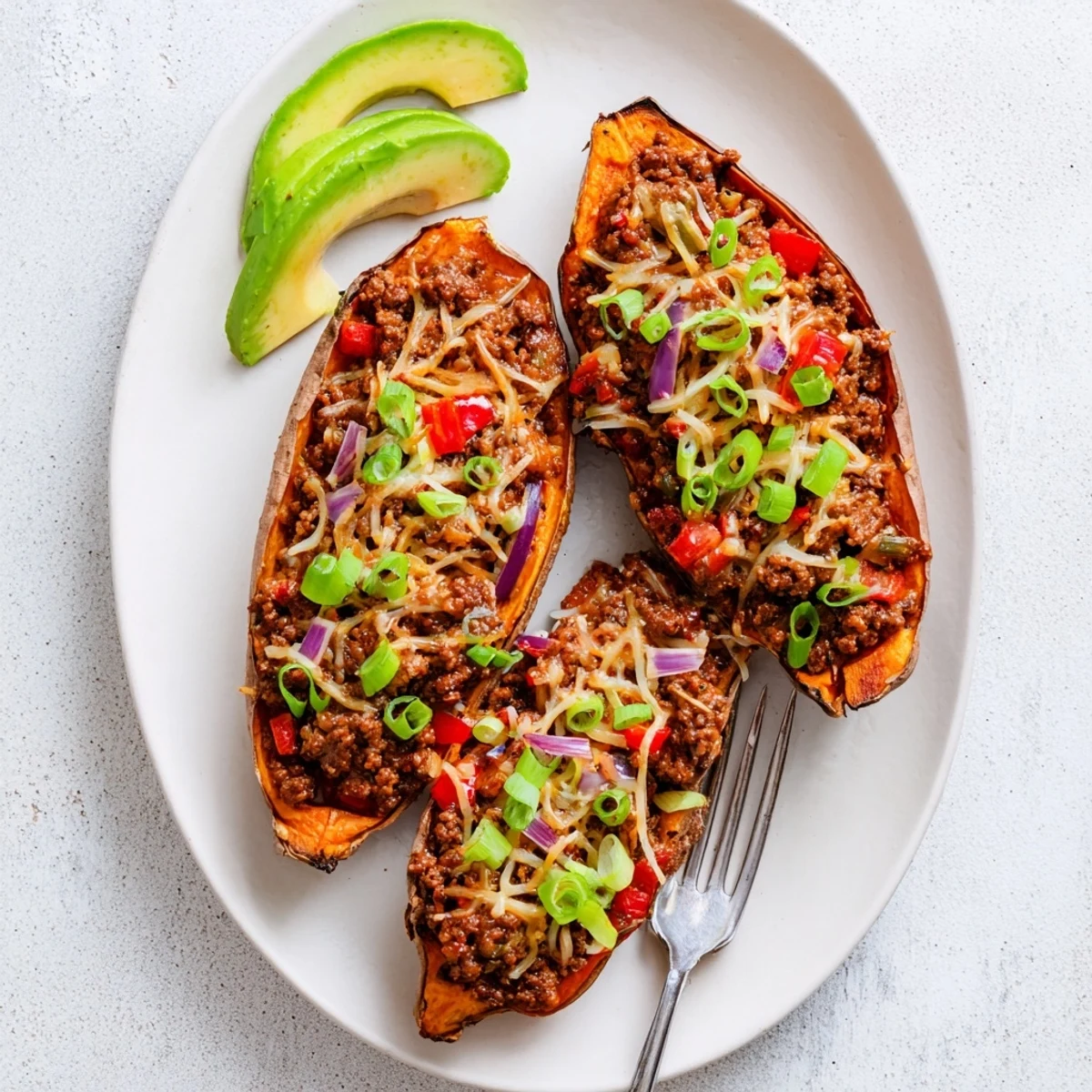 Golden sweet potato boats filled with sweet and spicy seasoned ground beef dinner