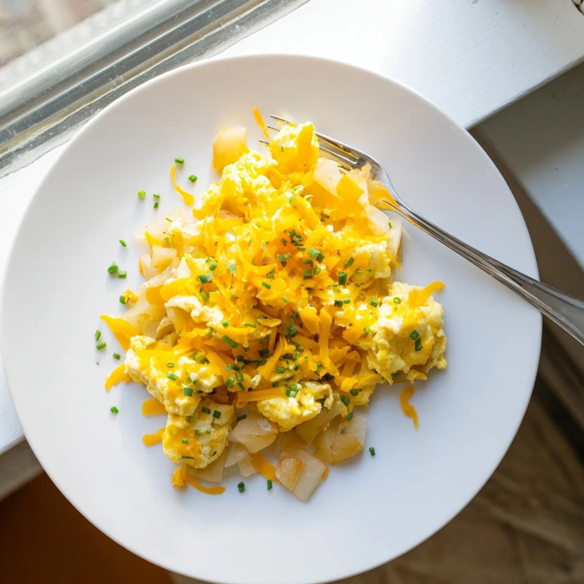 Golden cheesy potato egg scramble with melted cheddar and soft fluffy curds on a white plate