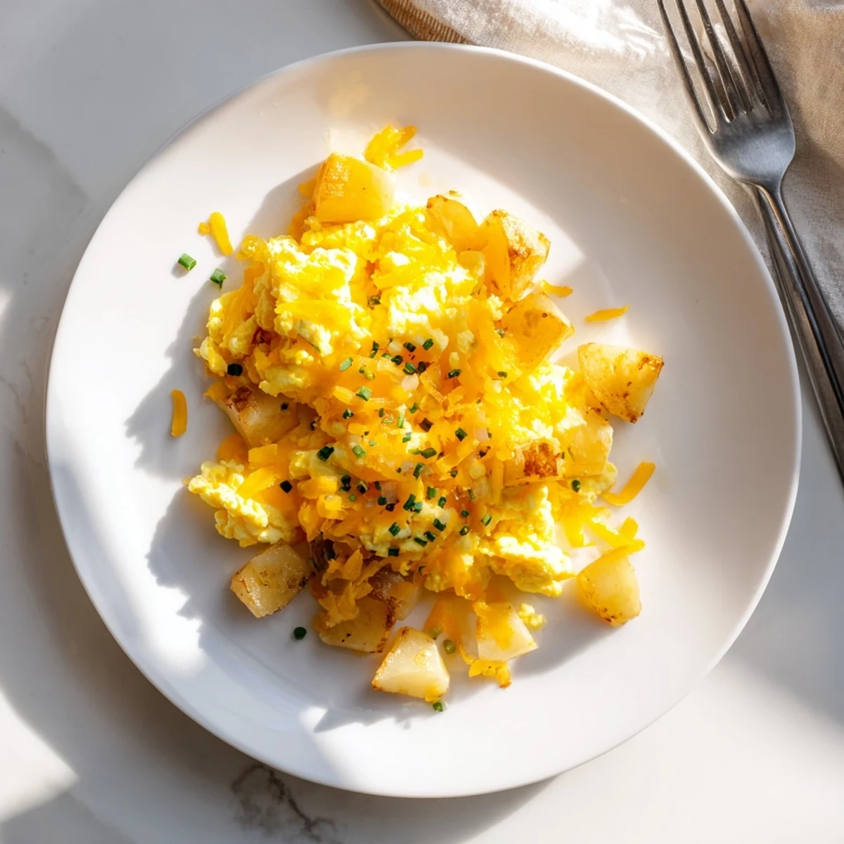 Comforting American breakfast scramble featuring crispy potatoes and creamy eggs topped with shredded cheddar cheese