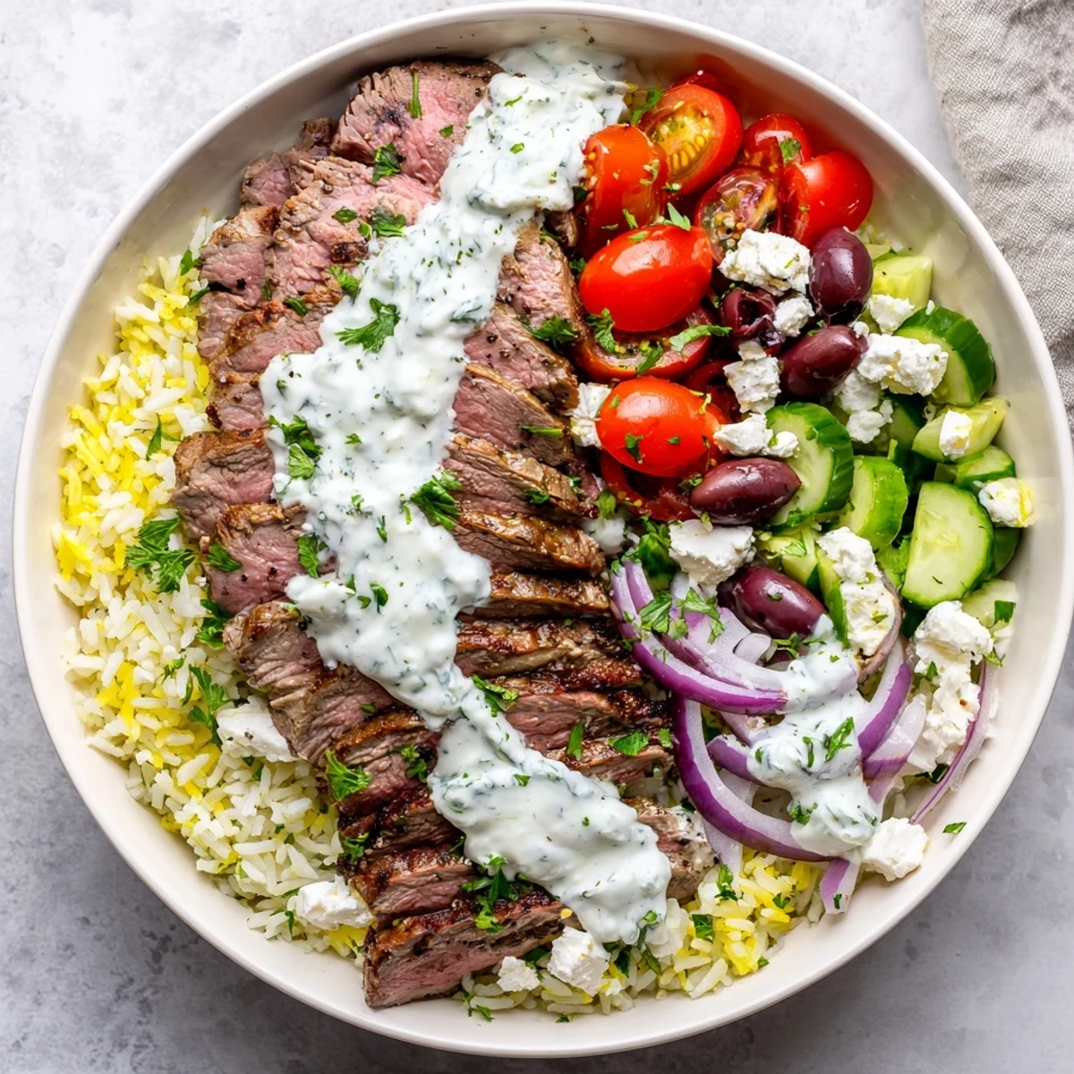 Juicy grilled steak atop herby lemon rice with fresh Mediterranean vegetables and tangy feta