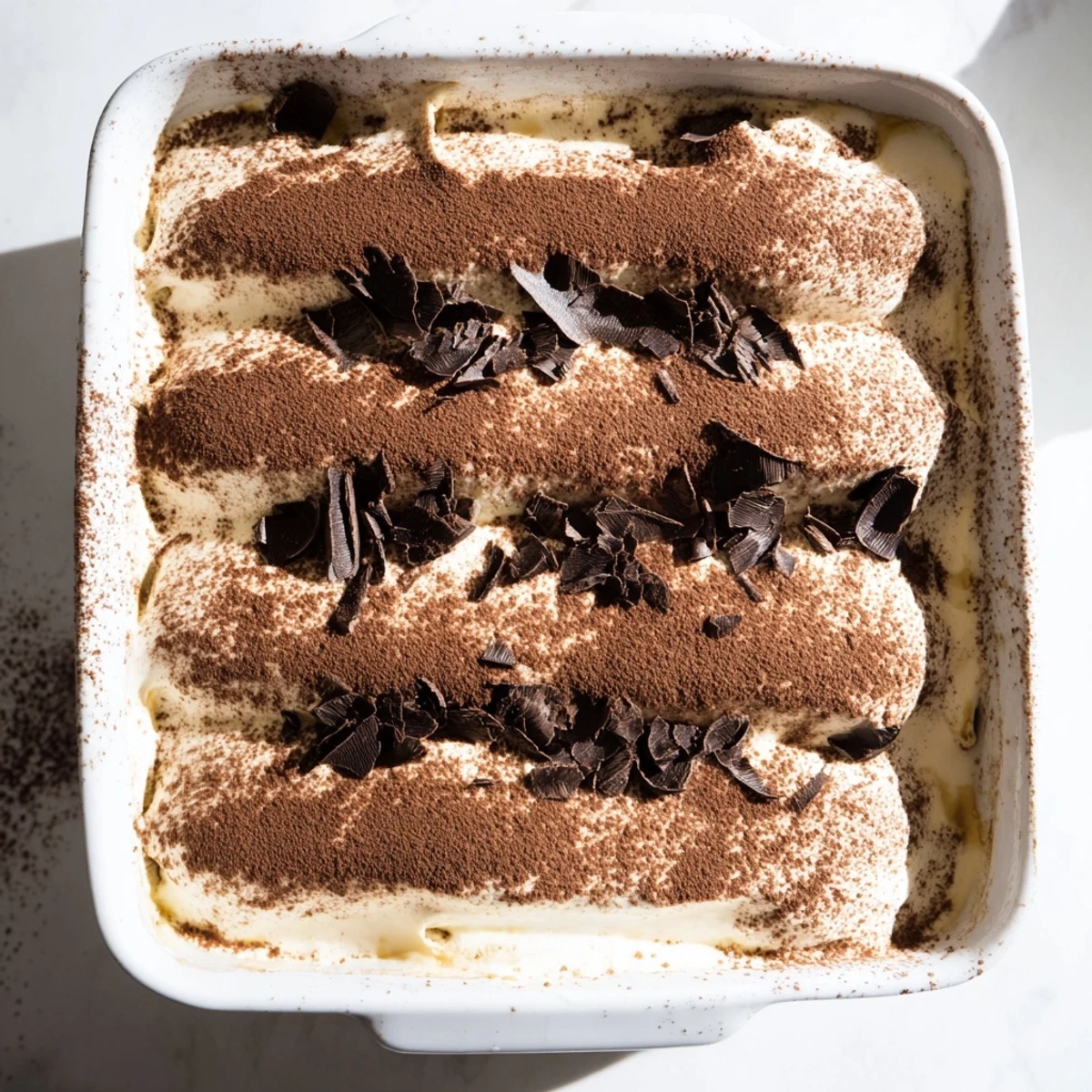 Classic Italian tiramisu recipe with whipped mascarpone filling, dipped ladyfinger cookies, and rich chocolate cocoa topping