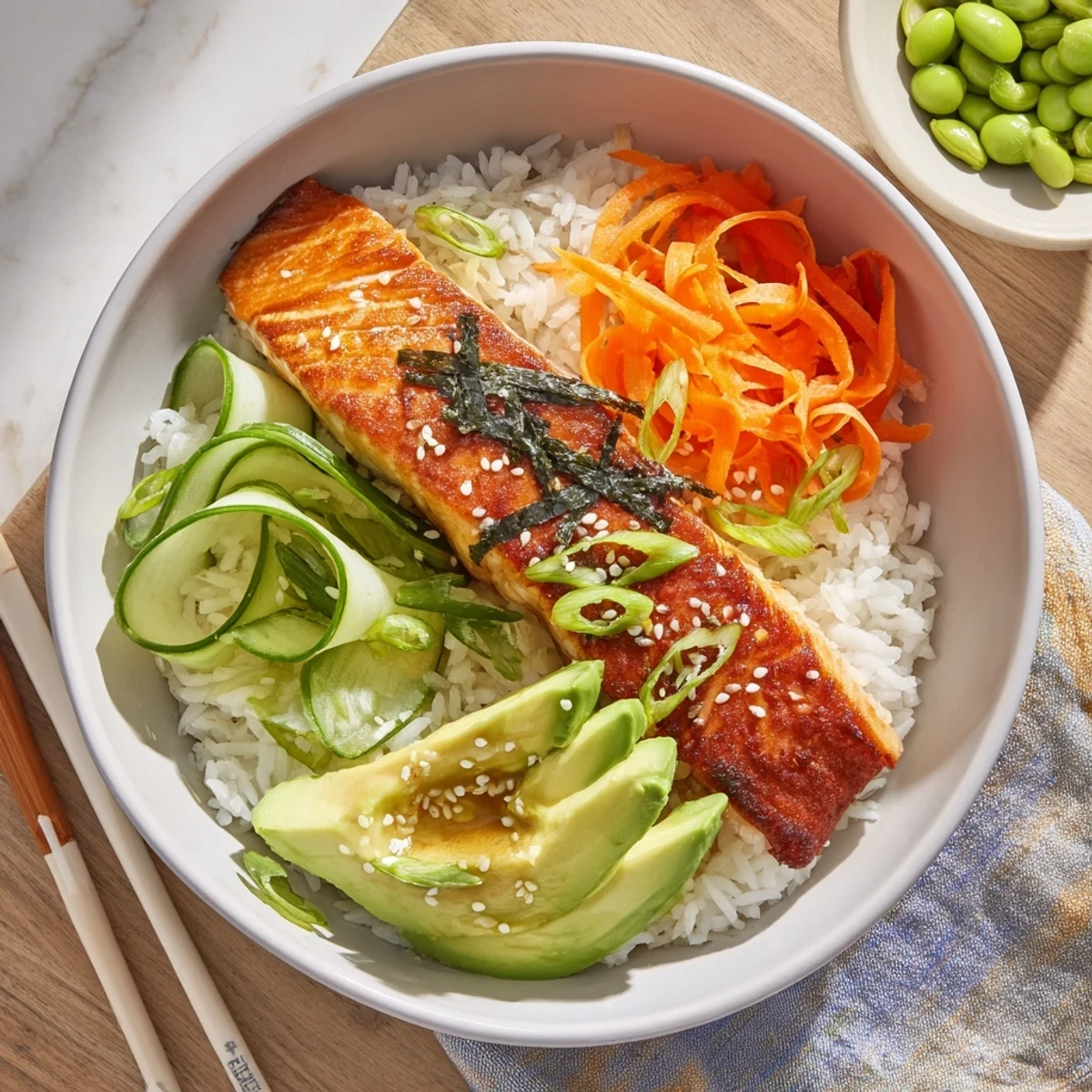Golden crispy salmon fillet resting over fluffy white rice with fresh cucumber and avocado slices