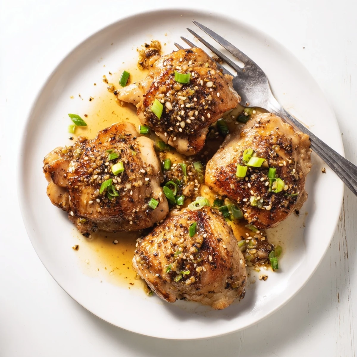 Golden pan-seared garlic black pepper chicken thighs garnished with fresh green onions and sesame seeds