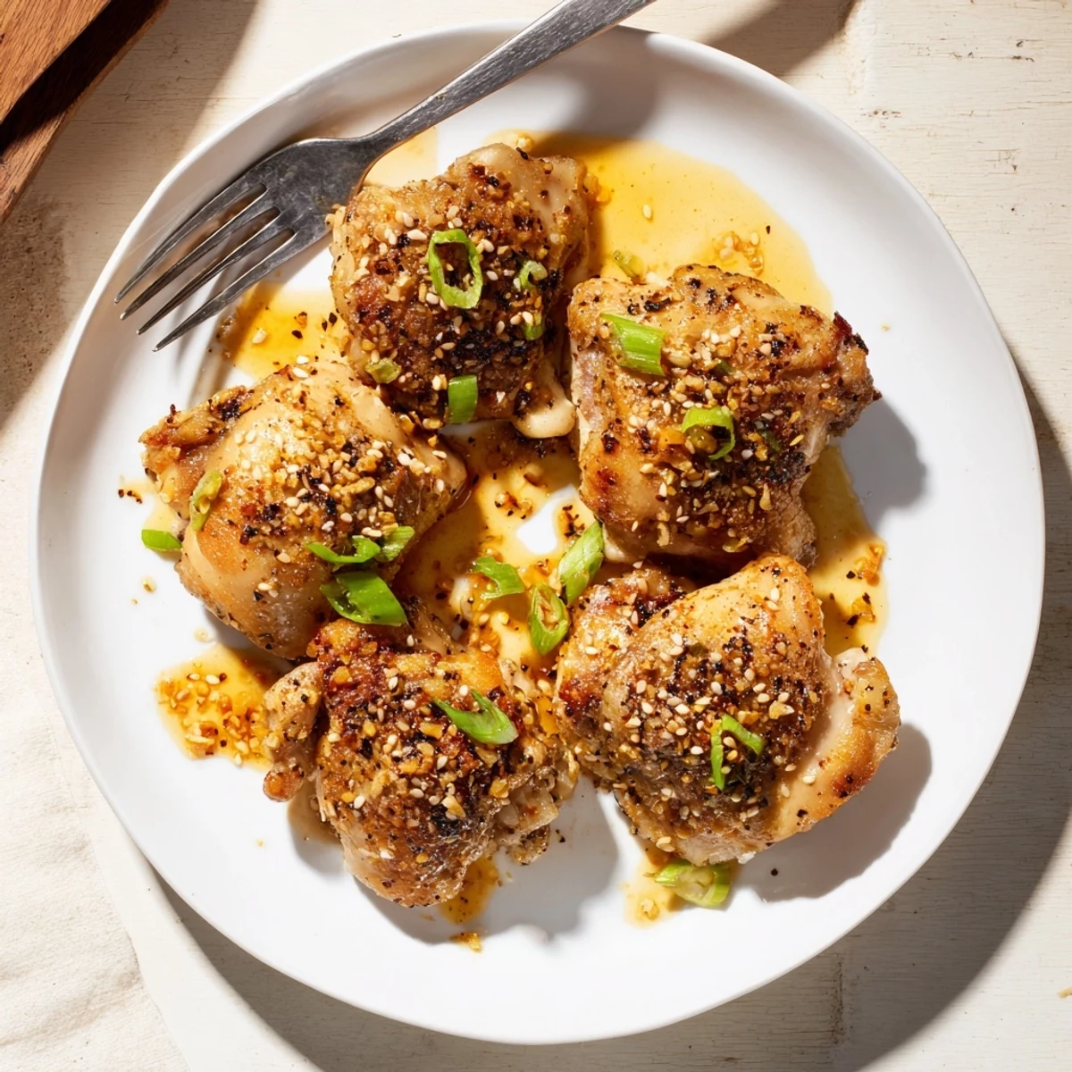 Juicy baked garlic black pepper chicken served over steaming white rice with stir-fried vegetables on the side