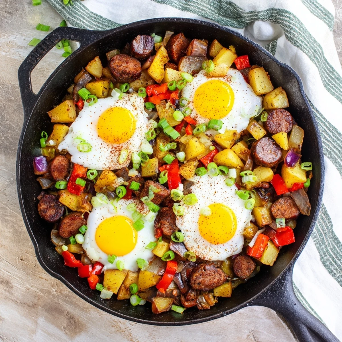 Hearty skillet of Cajun beef sausage breakfast hash topped with perfectly cooked runny yolks