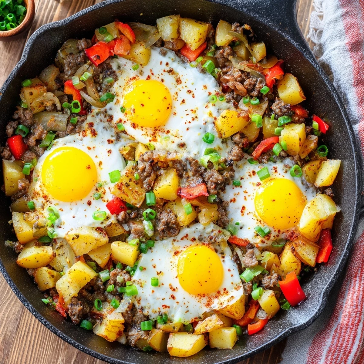 Golden crispy Cajun beef sausage breakfast hash with sunny-side up eggs and diced potatoes