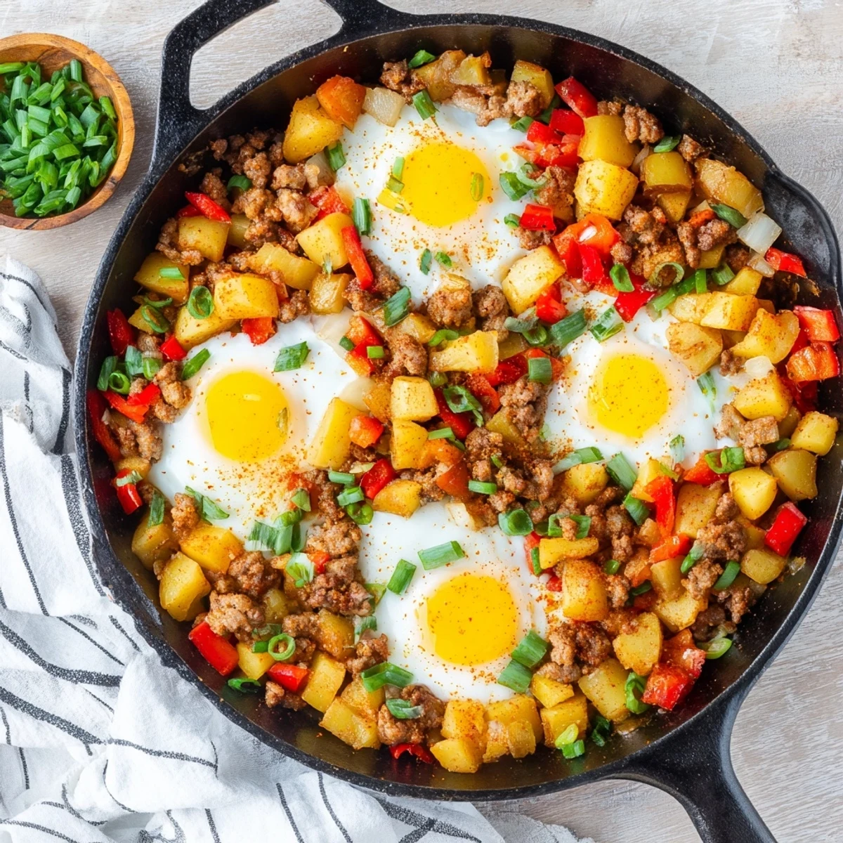 Southern-style one-pan Cajun beef sausage breakfast hash featuring golden potatoes and fluffy scrambled eggs