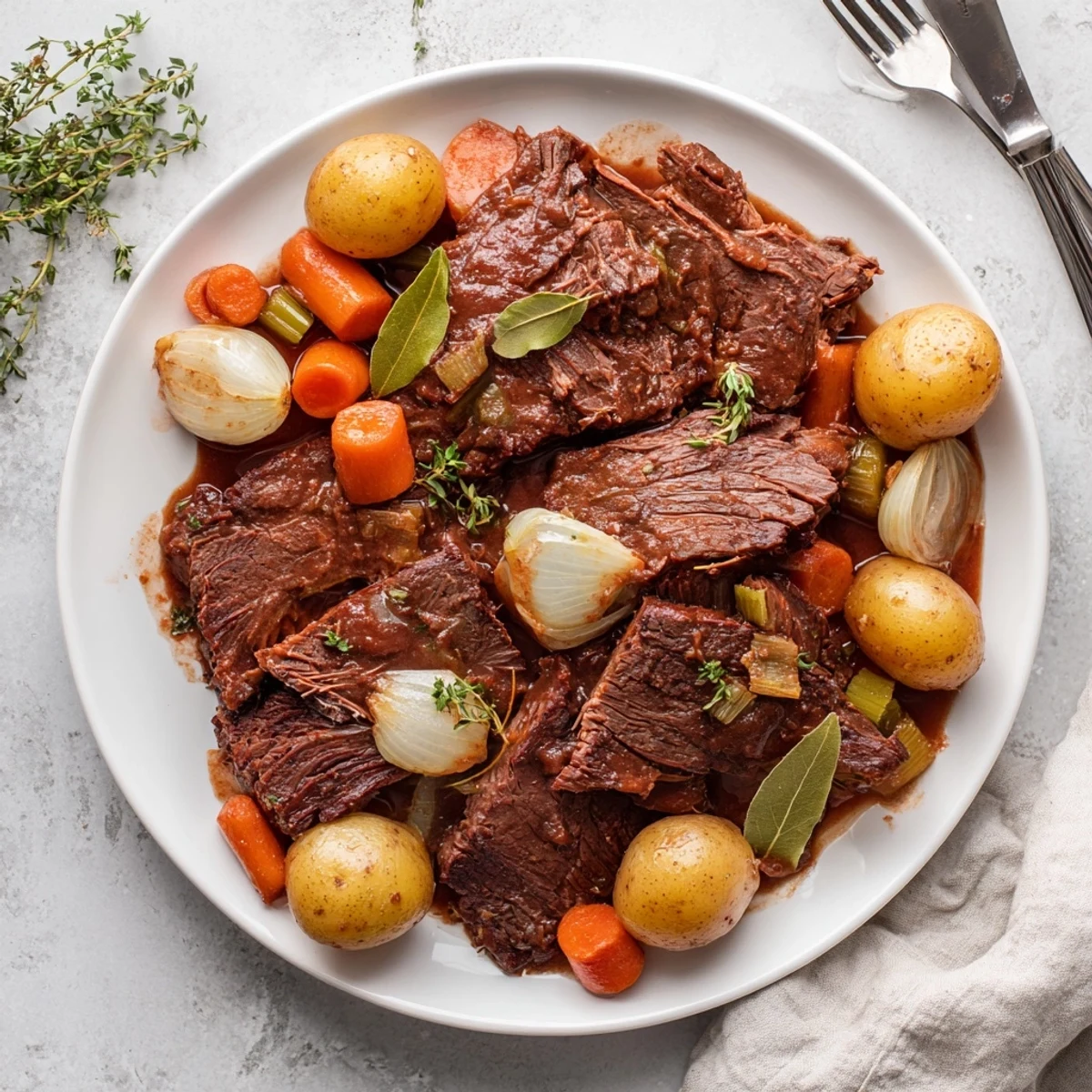 Herb braised beef chuck roast served with tender carrots and potatoes in a rich savory sauce