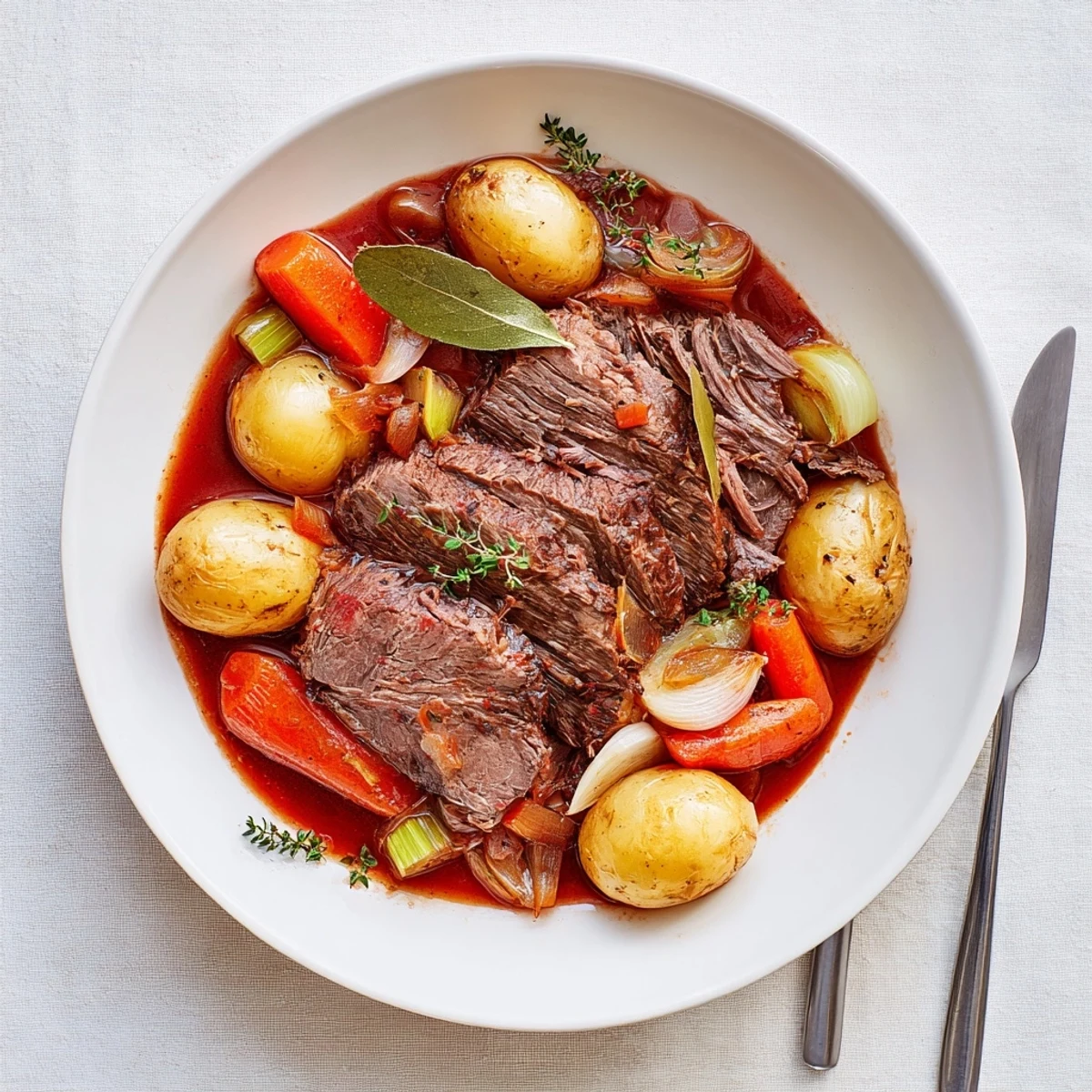 Meltingly tender herb braised beef chuck roast plated alongside braised vegetables and aromatic cooking juices