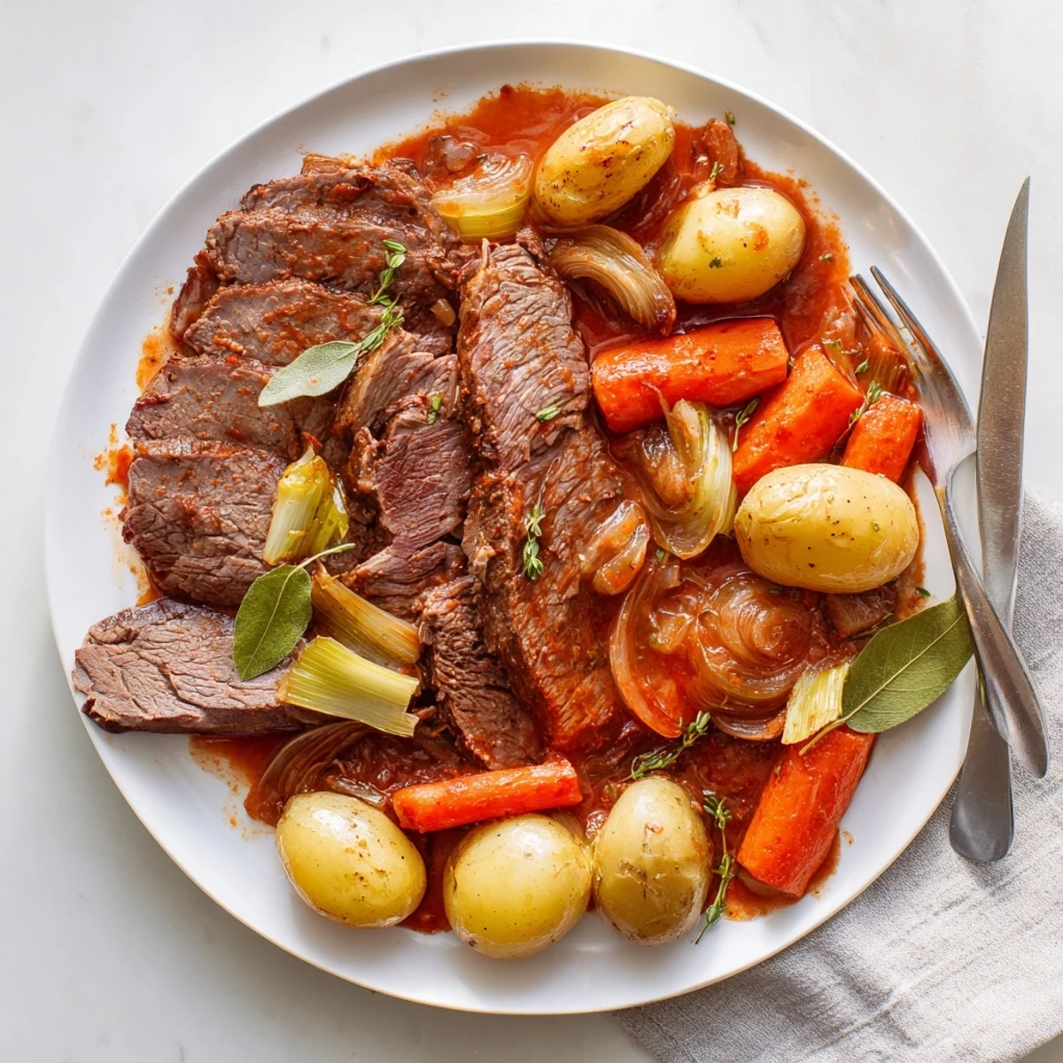 Slow-cooked herb braised beef chuck roast with fork-tender meat fresh thyme rosemary and comforting gravy