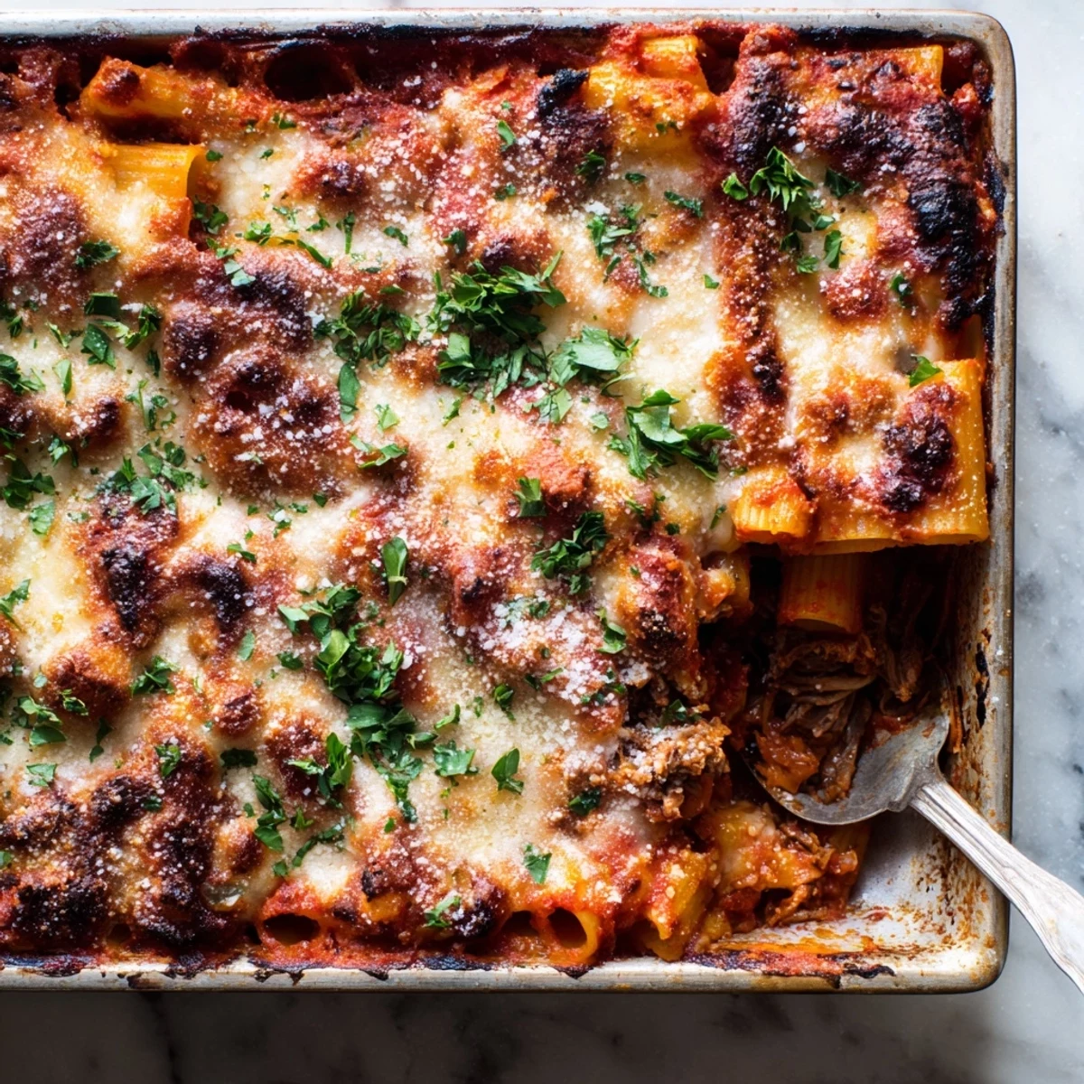 Golden melted mozzarella tops this hearty chuck roast pasta bake with rich tomato sauce